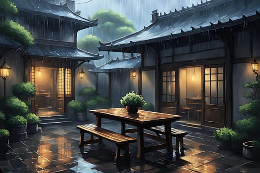 A courtyard is depicted under a rainy sky. A wooden table and benches stand in the center, surrounded by lush greenery and wet cobblestones. Raindrops fall, creating ripples in puddles on the ground.