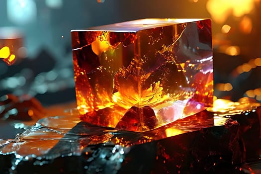 Glass cube with holographic transparent and iridescent color isolated on black background 20mm lens