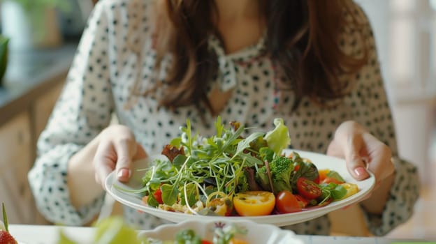 Woman's hands holding a bowl of vegetable salad, Hands with healthy eating theme.