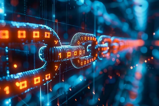 binary numeric data transmission chain of nodes connected in a network form, p2p connection.