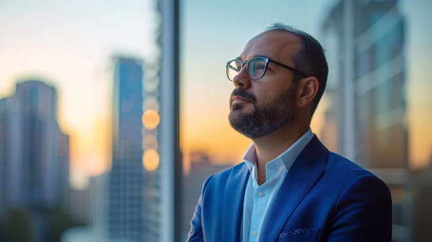 A man in a blue suit and glasses is looking out the window at the city skyline. Concept of contemplation and reflection as the man gazes out at the bustling city below