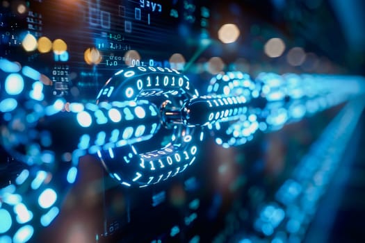 binary numeric data transmission chain of nodes connected in a network form, p2p connection.