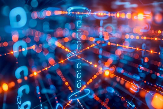 binary numeric data transmission chain of nodes connected in a network form, p2p connection.