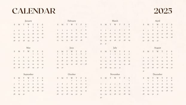 Beige horizontal calendar for 2025 year. minimalistic 2024 Calendar. The calendar is divided into twelve months and has a total of twelve pages
