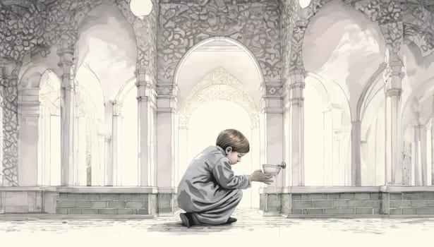 A young boy engages in the Islamic ritual of "abdest," cleansing and purifying his body before prayer, embodying the spiritual traditions and cultural practices associated with Islamic worship.Generated image