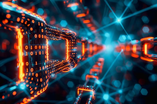 binary numeric data transmission chain of nodes connected in a network form, p2p connection.