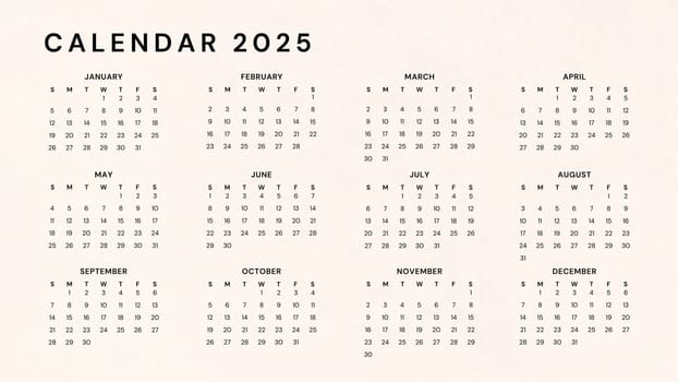 Beige horizontal calendar for 2025 year. minimalistic 2024 Calendar. The calendar is divided into twelve months and has a total of twelve pages