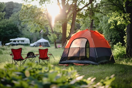 Camping outdoors with lots of sunlight. tent, chairs, a tent BBQ rack, and more.