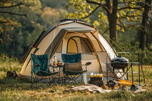 Camping outdoors with lots of sunlight. tent, chairs, a tent BBQ rack, and more.