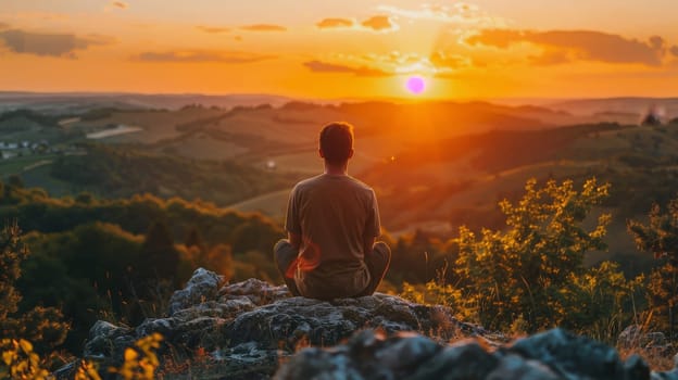 A man is sitting on a rock and looking at the sun. The sky is orange and the sun is setting. The man is in a peaceful and serene mood, enjoying the beauty of nature