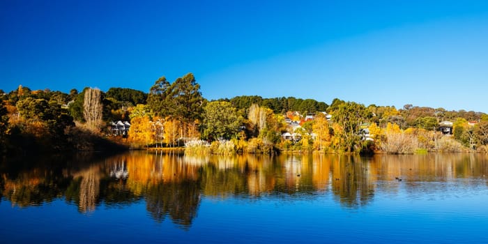 DAYLESFORD, AUSTRALIA - MAY 12 2024: Landscape around Lake Daylesford in a cool late autumn afternoon in Daylesford, Victoria, Australia