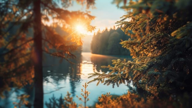 A beautiful forest scene with a body of water in the background. The sun is shining through the trees, casting a warm glow on the water