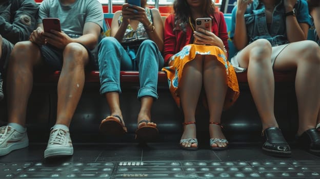Photo of peoples sitting in subway and smartphone, Smartphone addiction.