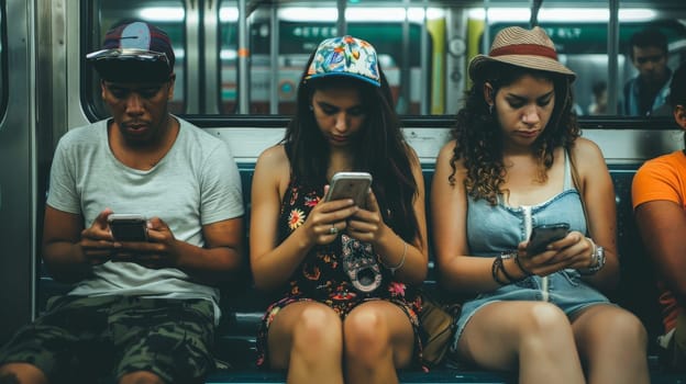 Photo of peoples sitting in subway and smartphone, Smartphone addiction.
