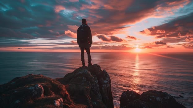 A man stands on a rock overlooking the ocean at sunset. The sky is filled with clouds and the sun is setting, creating a beautiful and serene atmosphere. The man is lost in thought