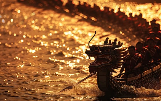 A silhouette of a dragon boat team racing at dusk with water glistening in the fiery sunlight, evoking the fervor of the sport