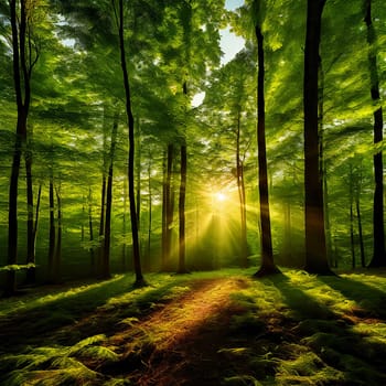 Sunlit Serenity: Panoramic View of a Forest Bathed in Sunlight
