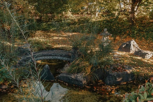 Beautiful Japanese Garden and red trees at autumn seson. A burst of fall color with pond reflections.