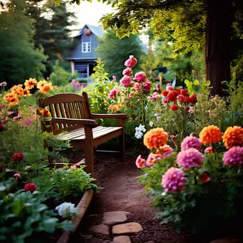 Blossoms and Serenity: The Charm of a Flower Garden with a Wooden Bench