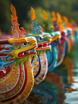 Vibrant dragon boat heads lined up for a race, reflecting the rich cultural tradition of the Dragon Boat Festival.