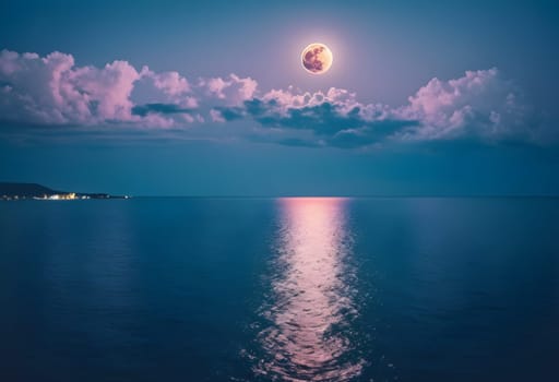 Moonlit Serenity: Panoramic Views of the Sea Under a Colorful Night Sky