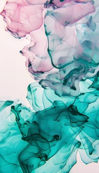 A mesmerizing closeup shot capturing the swirling pink and green ink mixing in liquid, creating a beautiful and intricate pattern resembling electric blue azure waters. A blend of art and fluidity