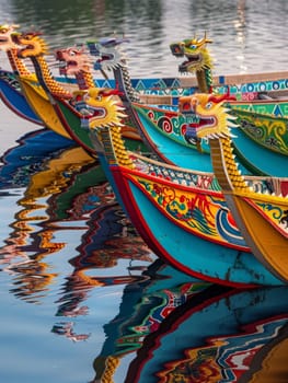 Vibrant dragon boat heads lined up for a race, reflecting the rich cultural tradition of the Dragon Boat Festival.