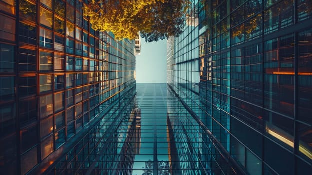 A city skyline with a tree in the middle of it. The tree is reflected in the glass windows of the buildings