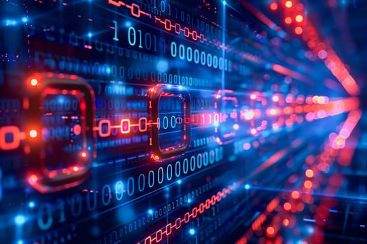 binary numeric data transmission chain of nodes connected in a network form, p2p connection.