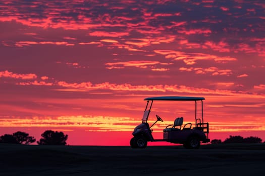 A lone golf cart parked on a fairway at sunset, casting a long shadow, with vibrant orange and pink hues painting the sky.