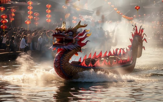 Majestic dragon boat with flames along its body, floating on tranquil waters at sunset, with silhouetted spectators