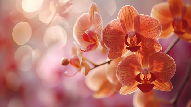 A close up of a bunch of orange flowers with a pink background. The flowers are in full bloom and the background is a soft pink color. Concept of warmth and beauty