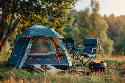 Camping outdoors with lots of sunlight. tent, chairs, a tent BBQ rack, and more.