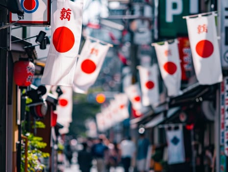 The essence of Japan captured in fluttering national flags along a bustling street, evoking the spirit of Japanese culture and pride