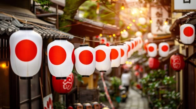 A quaint alleyway in Japan, beautifully adorned with iconic white and red paper lanterns, creating a warm, inviting atmosphere