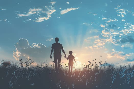 A man and a child are walking through a field of flowers. The sky is blue and the sun is setting, casting a warm glow over the scene. Scene is peaceful and serene, as the father