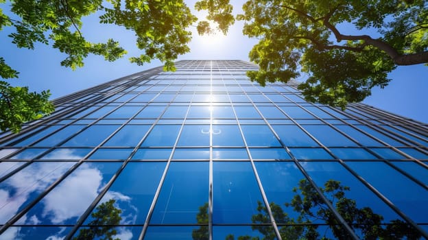 A tall building with a lot of windows and trees in the background. The sky is blue and the sun is shining