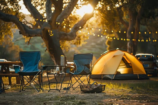 Camping outdoors with lots of sunlight. tent, chairs, a tent BBQ rack, and more.