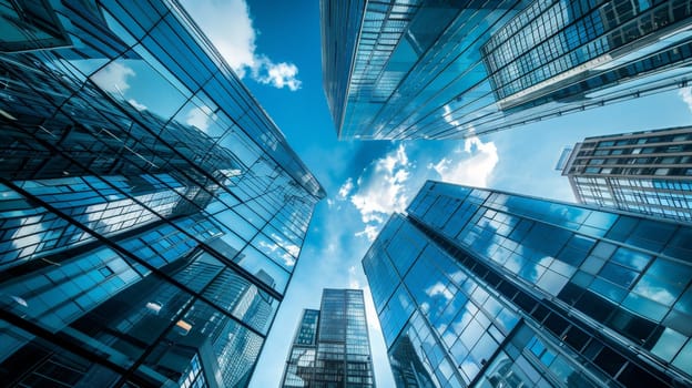 A city skyline with tall buildings and a clear blue sky. The buildings are all made of glass and are very tall