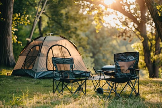 Camping outdoors with lots of sunlight. tent, chairs, a tent BBQ rack, and more.