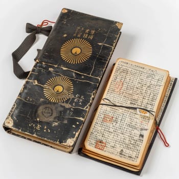 An open vintage Japanese book with weathered cover showcasing the imperial chrysanthemum seal alongside Asian text, exuding historical significance