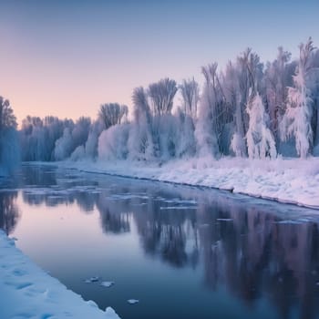 Frosty Serenity: Sunset Panorama of the Snowy Russian River and Forestscape