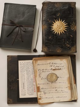 A collection of traditional Japanese texts displayed open with a leather journal, featuring detailed script and symbolic stamps, reflecting cultural heritage