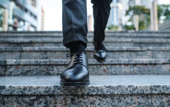 Low-angle shot of a professionals feet in sleek black shoes ascending concrete stairs in a bustling city environment