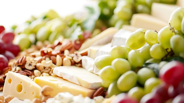 Macro shot of a fresh cheese and fruit platter, highlighting the textures and colors of fine gastronomy