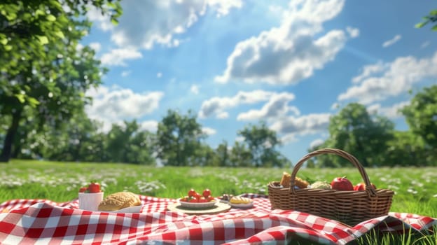 A charming picnic scene featuring a red gingham cloth and a wicker basket filled with food on a sunny day under clear blue skies