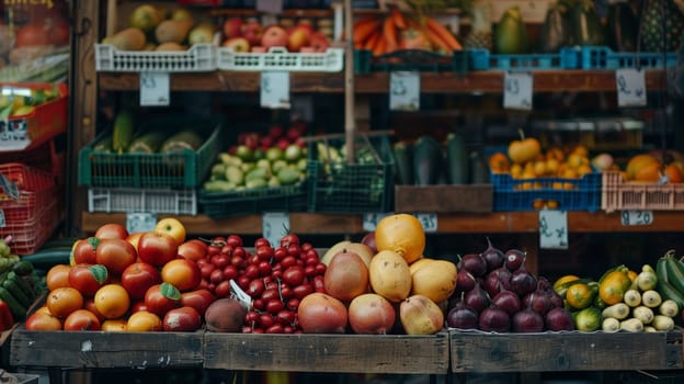 Vibrant array of fresh fruits and vegetables on display at a local market, showcasing natural abundance and variety