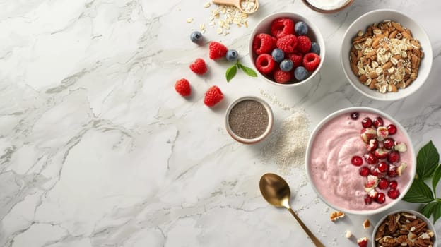 A nutritious and appealing breakfast spread featuring smoothie bowls, fresh berries, and granola, presented on a sleek marble surface. Banner with copy space.