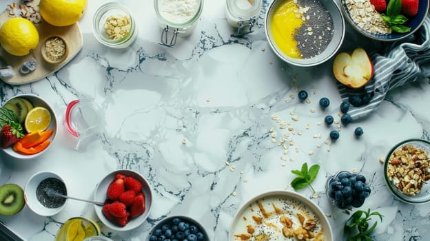 An assortment of healthy breakfast ingredients spread out on a marbled countertop, creating an inviting start to the day. Banner with copy space.