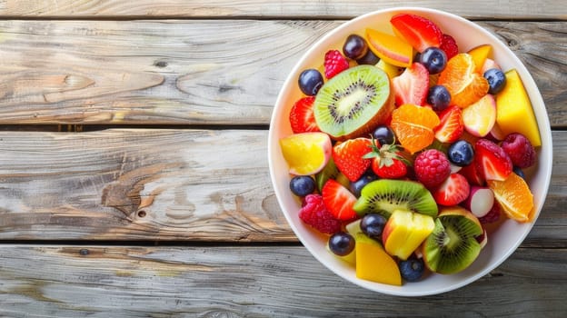 An inviting bowl of mixed fruit salad with vibrant colors, featuring strawberries, kiwi, oranges, and blueberries, on a rustic wooden background. Banner with copy space.